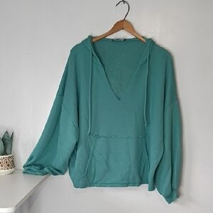 Hudson Gray Teal Oversized V-Neck Hoodie • Inside-Out Hem • Women’s Small Boho